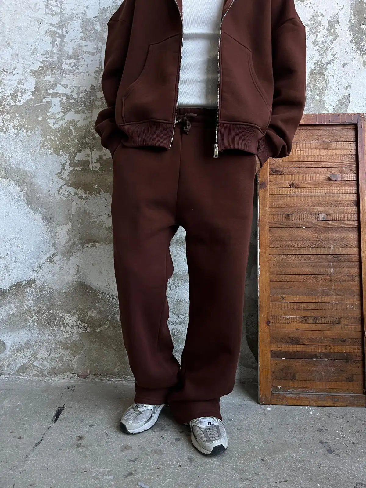 Essential Tracksuit Half Zipper/Sweatpants Set - Brown