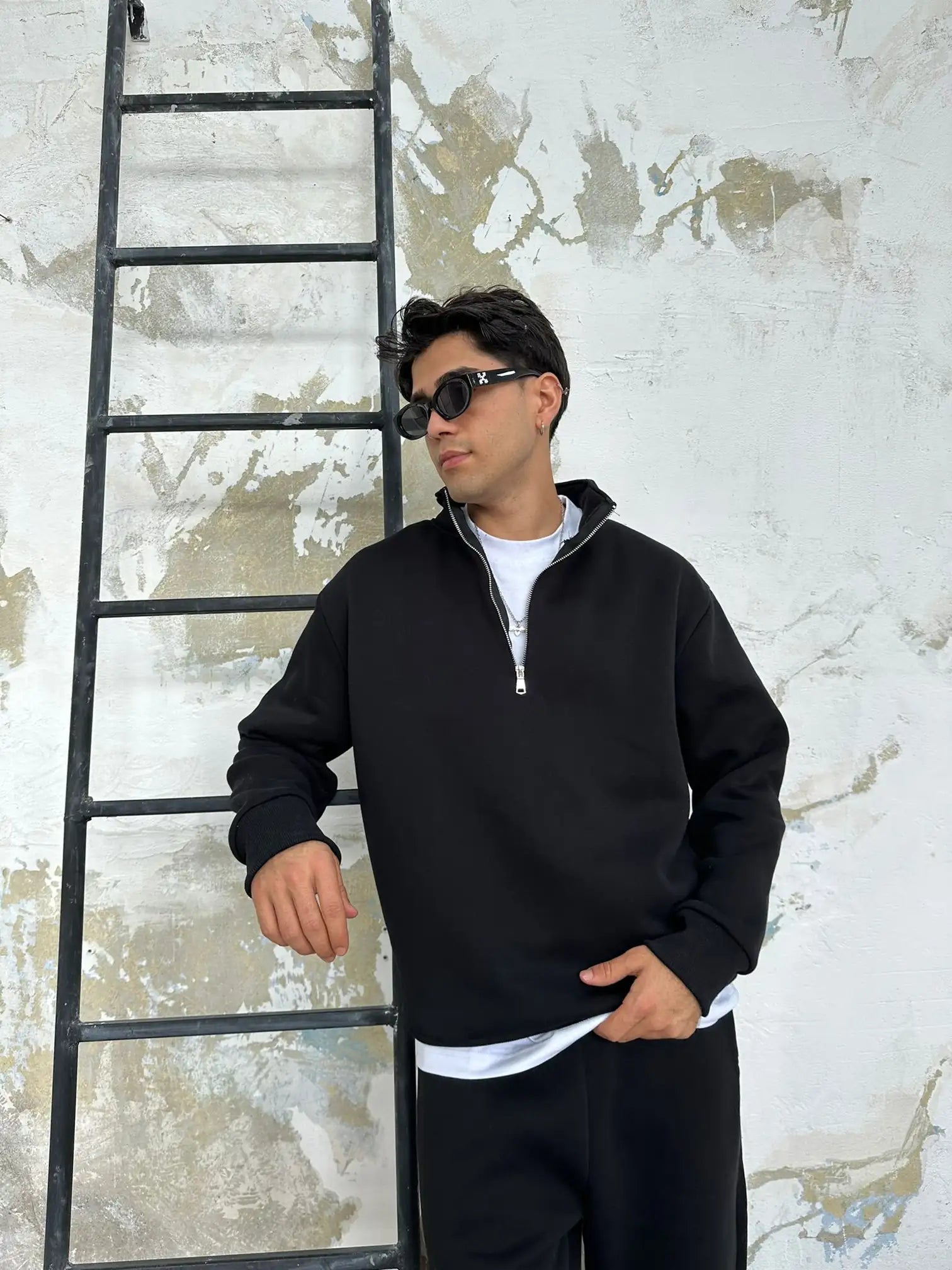 Black Oversized Basic Half Zipper